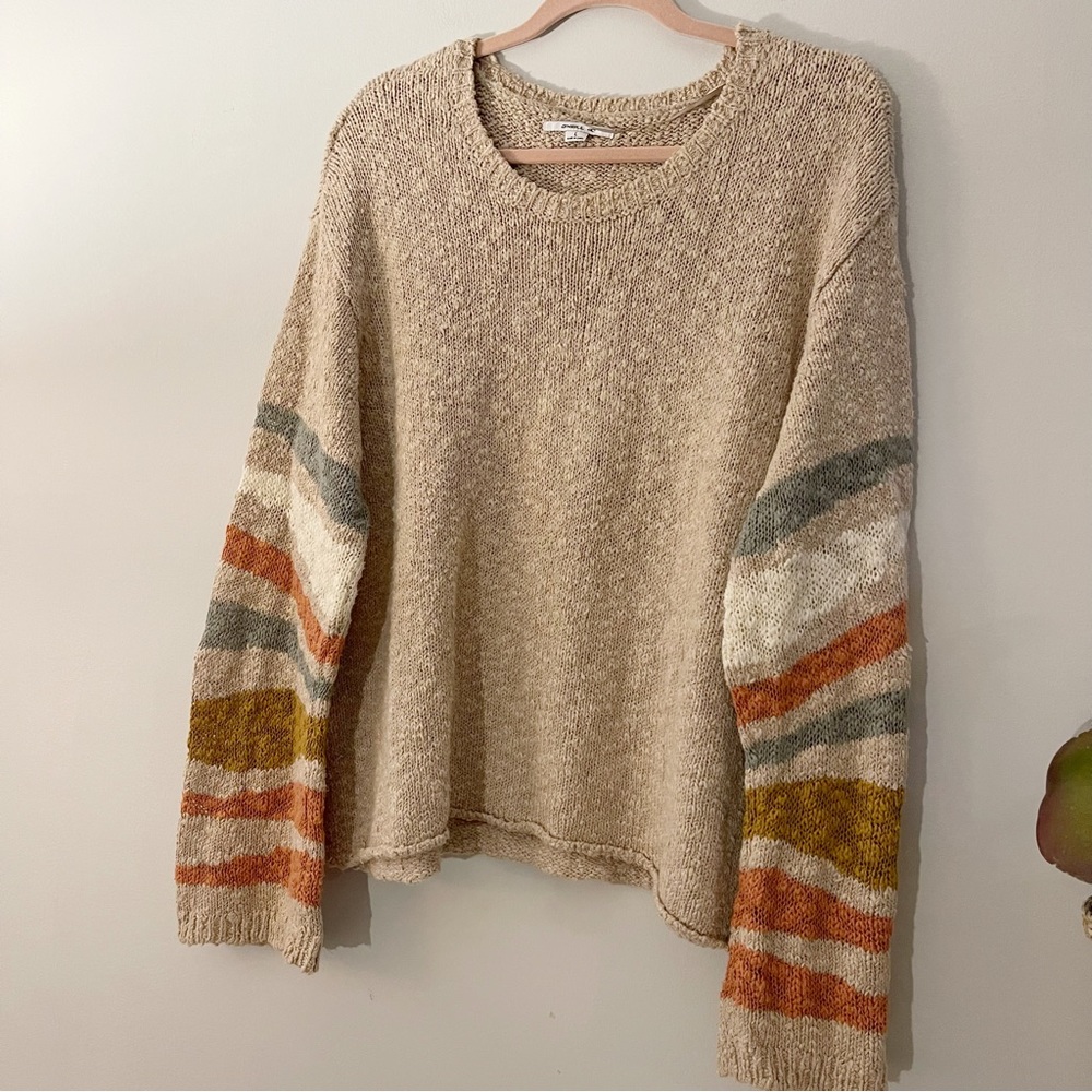 SOLD**O’Neill Tan Knit Sweater Stripe Bell Sleeves Size Large - Picture 2 of 4